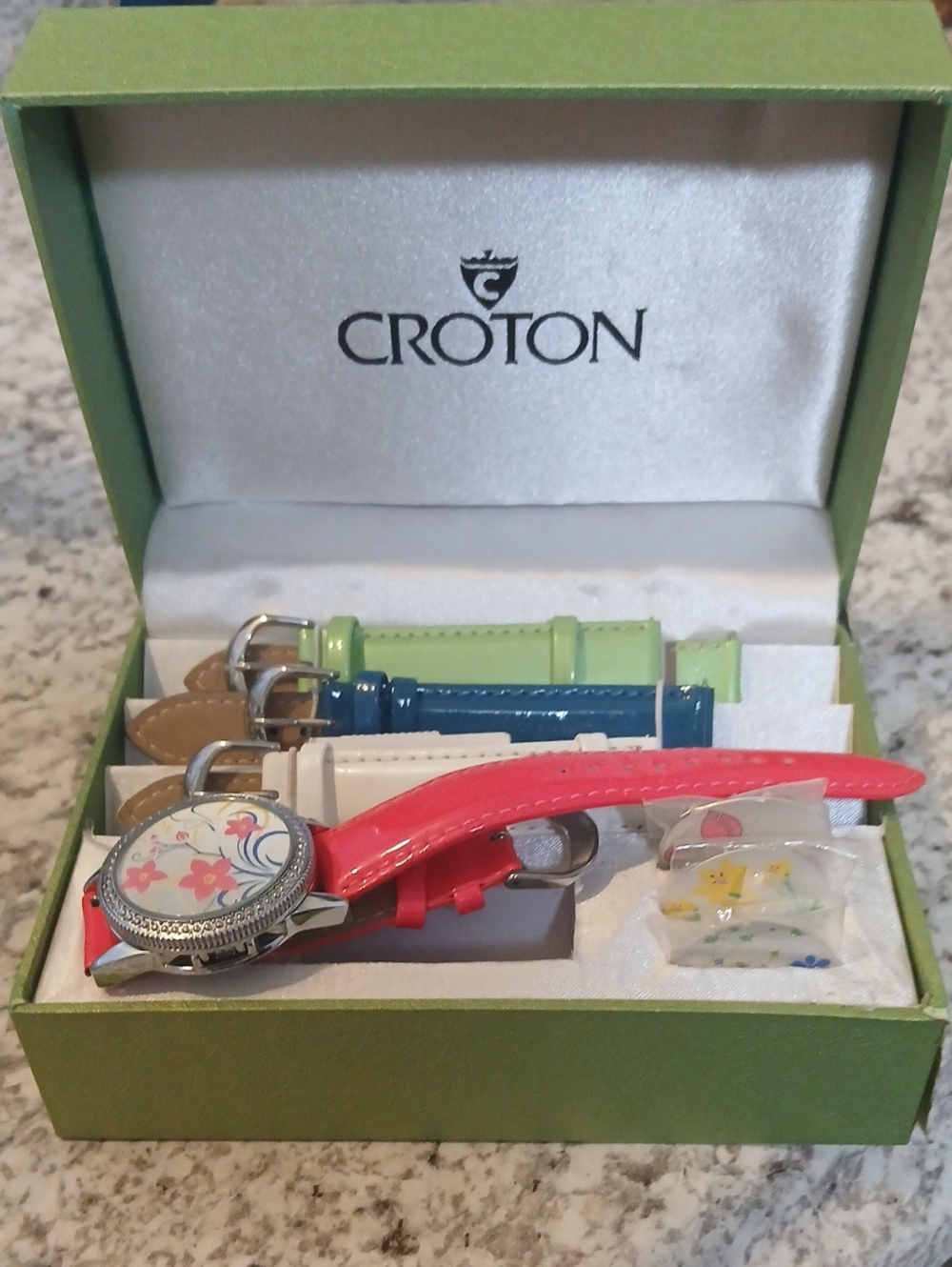 Croton Floral Dial Watch with Multi-Color Interchangeable Bands and Faces